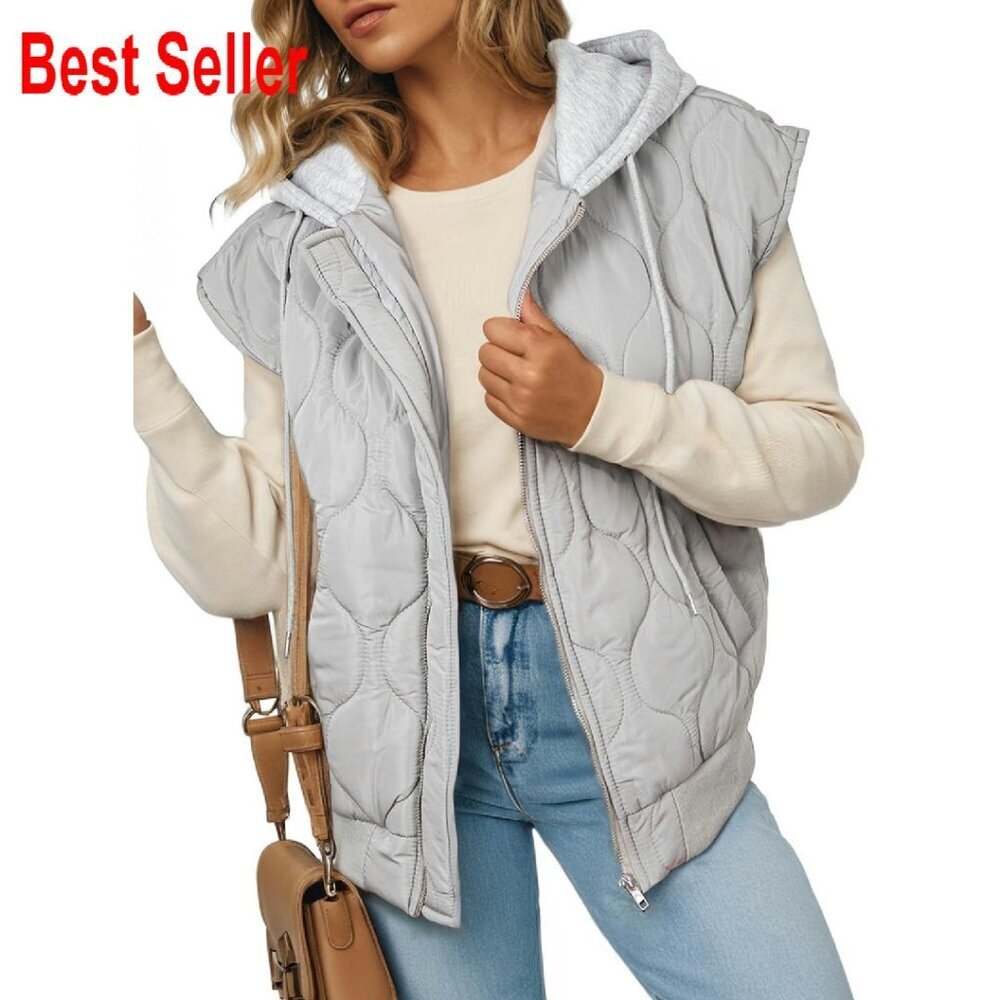 Cropped Hooded Puffer Vest Quilted Lightweight Sleeveless Jacket with Pockets
